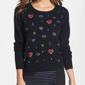 EUC Vintage Halogen Gray Cashmere Sweater Bejeweled Eyes & Hearts